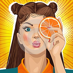 Female face. Sexy young woman. Vector bright background in pop art retro comic style. Beautiful pink lips.