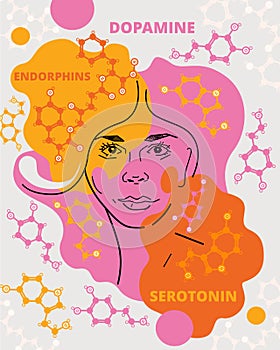 Female face and of the structures of neurotransmitters, serotonin, dopamine and endorphins. Vector abstract illustration about photo