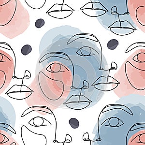 Female face on watercolor abstract geo shapes background. Abstract young woman seamless pattern in simple minimal line art style photo