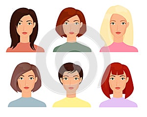 Female faces flat vector illustrations set. Blonde, brunet women with short and long trendy haircuts cartoon characters