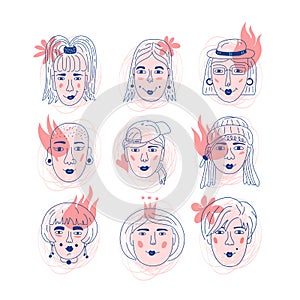 Female faces icons, Informal girls Feminism. Unique hand drawn style, Women`s faces, Vector illustration