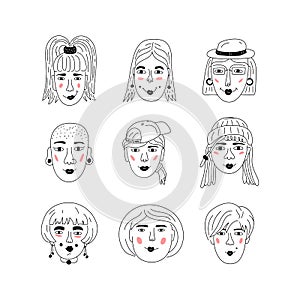 Female faces icons, Informal girls, Punk rock women Feminists. Cute Funny hand-drawn characters, Women`s faces, Vector