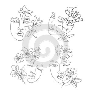 Female faces line art with sakura, camellia, magnolia flowers. 4 Asian woman drawn continuous style, for beauty business and