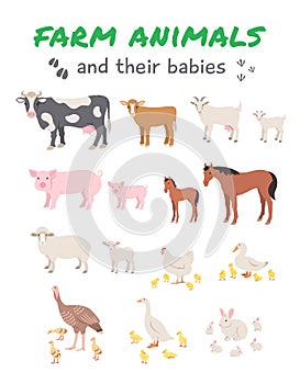 Female farm animals with offspring flat cartoon illustration isolated on white