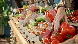 Female farmer arranging fruits and veggies on farmers market counter