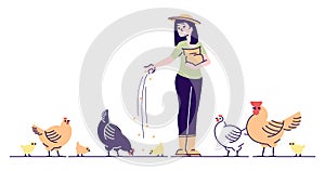 Female farmer feeding chickens flat vector character. Poultry backyard farm cartoon concept with outline. Hens, rooster