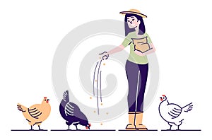 Female farmer feeding chickens flat vector character. Poultry backyard farm cartoon concept with outline. Rural woman
