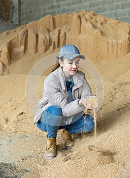 Female farmer holding handful of soybean hulls in farm storage