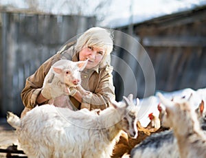 Female farmer holding a small pig