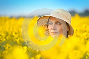 Female Farmer in Oilseed Rapeseed Cultivated Agricultural Field