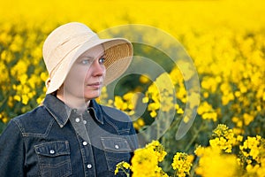 Female Farmer in Oilseed Rapeseed Cultivated Agricultural Field