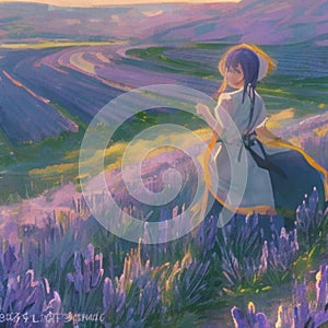 female farmer standing in a lavender blossom field wearing salopette jeans smiling illustration