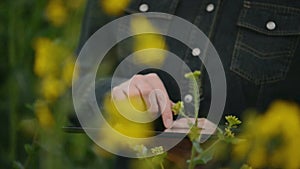 Female Farmer using Digital Tablet Computer in Oilseed Rapeseed Cultivated Agricultural Field Examining and Controlling The Growth