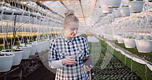 Female Farner Examining Plants at Greenhouse