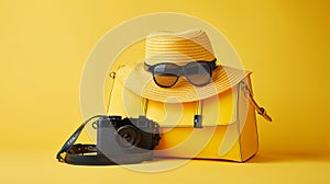Female fashion accessories. Handbag, straw hat, camera and sunglasses on yellow background, Generative AI