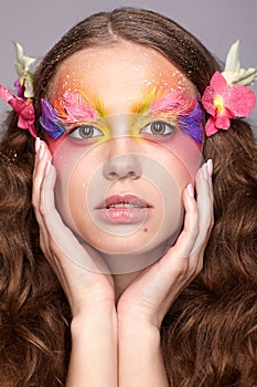 Female with fashion feather eyelashes make-up