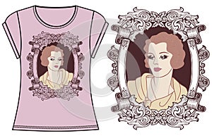 Female fashion illustration print t-shirt, sweatshirt for retro flapper girl 20`s style. Clothing design