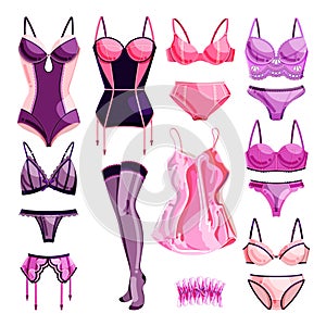 Female fashion lace lingerie icons, design elements set. Vector cartoon illustration. Sexy female underwear collection