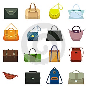 Female leather handbags and male accessory. Colorful handbag accessories, beauty bags and purse model collection vector photo