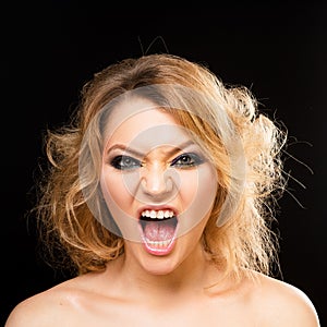 Female fashion makeup. Screaming girl portrait. Angry woman. People emotion, negative feelings.