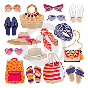 Female fashion summer accessories. Womens shoes, bags, sunglasses, hat isolated on white background. Vector illustration