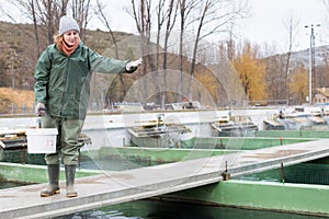 Female feeding fish on sturgeon farm