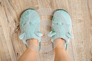 Female feet in blue cozy slippers on a wooden floor at bedroom close-up. Concepts of comfy soft fleece home shoes and warm