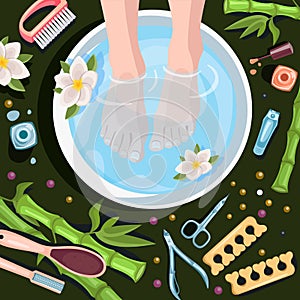 Female feet in bowl with water, top view  illustration. Spa procedures, pedicure, relax. Beauty salon concept