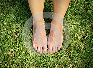 Female feet on green grass