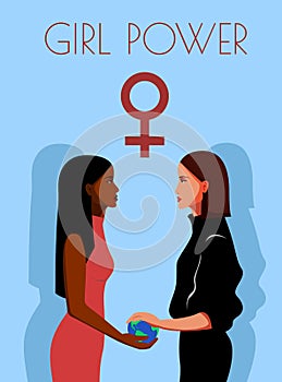 Female feminism, the power of women, African American girl and Latino girl look at each other. Feminists hold the symbol of women