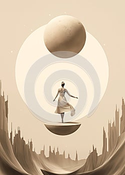 Female figure floating in space. Monochrome fantasy background.