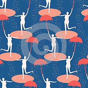 Female figure holding open umbrella. Singing in the rain seamless  pattern. Woman leaping in water puddle. Concept of
