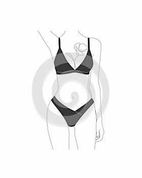 Female figure. Linear Art. Woman silhouette, underwear. Black and white vector illustration. Contour of