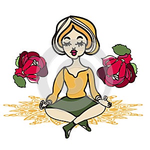 female figure in meditative pose on floral mandala, vector