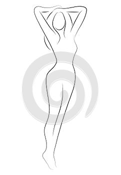 Female figure. Outline of young girl. Stylized slender body. Linear Art. Black and white vector illustration. Contour of