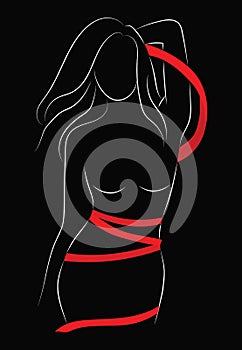 Female figure. Outline of young girl. Stylized slender body. Linear Art. Black and white vector illustration. Contour of