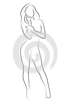 Female figure. Outline of young girl. Stylized slender body. Linear Art. Black and white vector illustration. Contour of