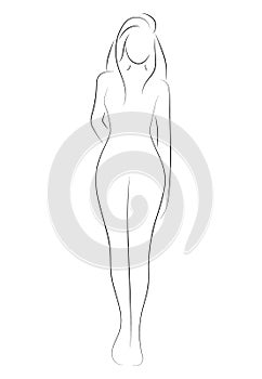 Female figure. Outline of young girl. Stylized slender body. Linear Art. Black and white vector illustration. Contour of