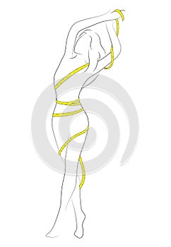 Female figure. Outline of young girl. Stylized slender body. Linear Art. Black and white vector illustration. Contour of