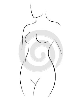 Female figure. Outline of young girl. Stylized slender body. Linear Art. Black and white vector illustration. Contour of