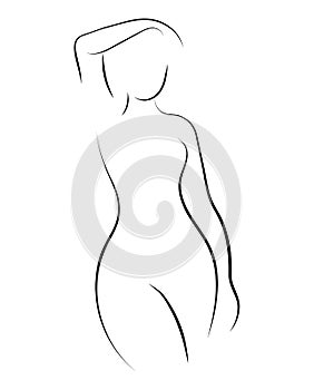 Female figure. Outline of young girl. Stylized slender body. Linear Art. Black and white vector illustration. Contour of