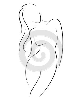 Female figure. Outline of young girl. Stylized slender body. Linear Art. Black and white vector illustration. Contour of