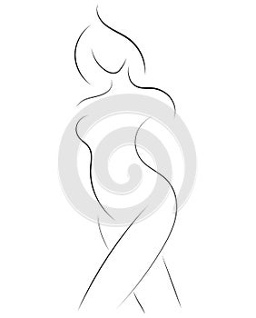 Female figure. Outline of young girl. Stylized slender body. Linear Art. Black and white vector illustration. Contour of