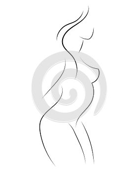 Female figure. Outline of young girl. Stylized slender body. Linear Art. Black and white vector illustration. Contour of