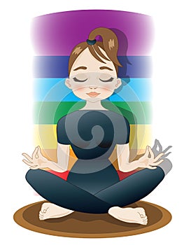 Female figure of young woman figure practicing yoga with chakra simbols