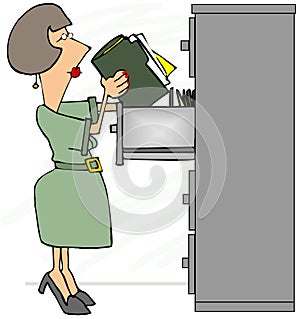 Female file clerk standing on her tip-toes