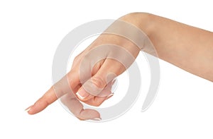 Female finger pointing or touching something. Isolated on white background with clipping path.