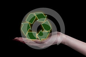 Female finger touching recycle eco icon, symbol of earth day