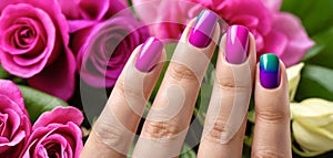 Female fingers with a gradient manicure in pink, green and purple shades
