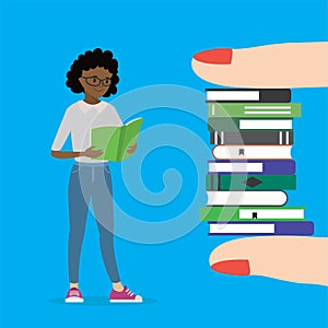 Female fingers holding pile of books. Happy african american schoolgirl reading textbook. Education, learning background. Cartoon